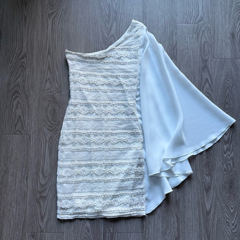 Jane Norman one shoulder drape lace dress